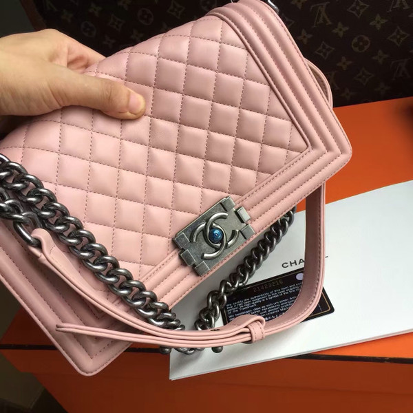 CHANEL Sakura Pink Quilted Lambskin Medium LE BOY Bag with Silver HW