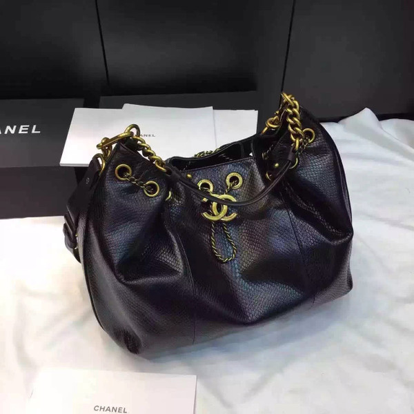 Chanel Drawstring Bag Python &Gold Metal Black A93479