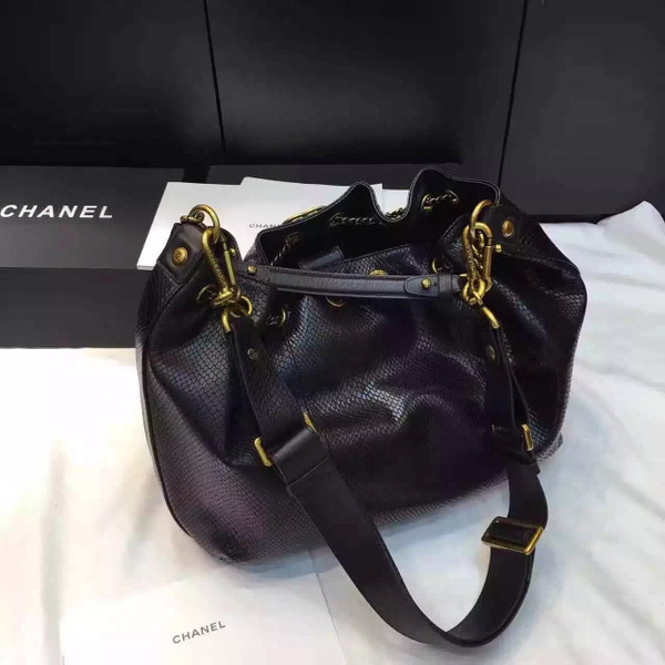 Chanel Drawstring Bag Python &Gold Metal Black A93479