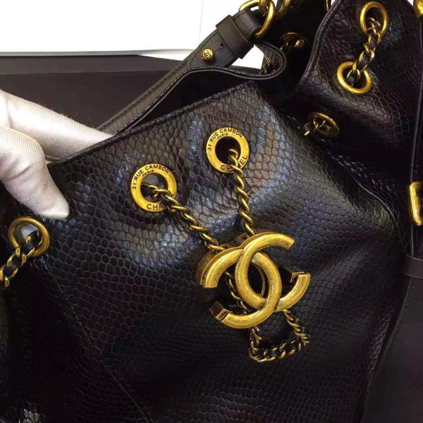 Chanel Drawstring Bag Python &Gold Metal Black A93479