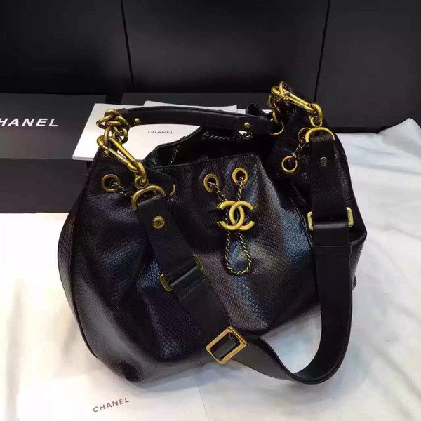 Chanel Drawstring Bag Python &Gold Metal Black A93479