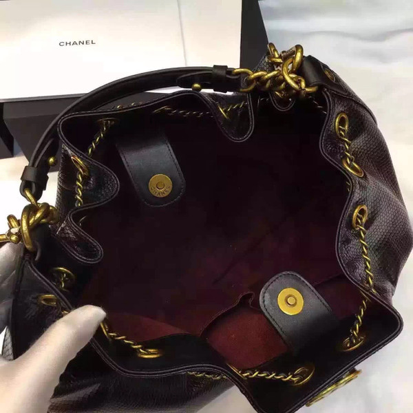 Chanel Drawstring Bag Python &Gold Metal Black A93479
