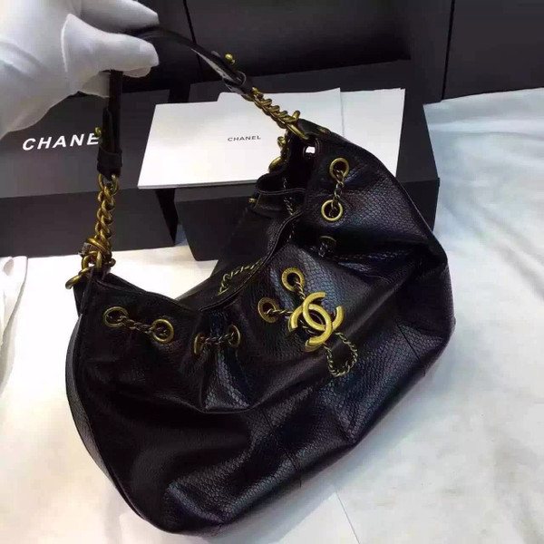 Chanel Drawstring Bag Python &Gold Metal Black A93479