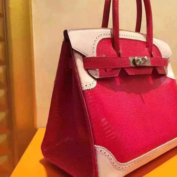 Hermes Limited Edition Rouge Vif Rose Dragee Ghillie Kelly 32cm Lizard Palladium Hardware