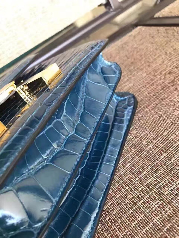 Hermes 1P Duck Blue Constance 24 Niloticus Crocodile with Gold Hardware