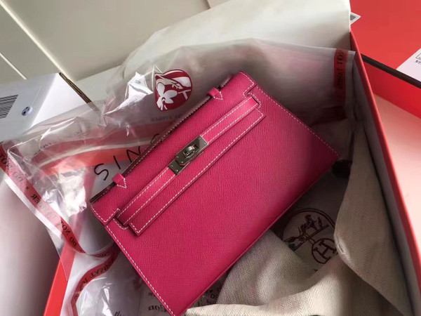 Hermes E5 Fuchsia  Epsom Leather Mini Kelly Pochette with Silver Hardware