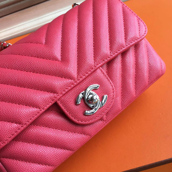 CHANEL Chevron Fuchsia Pink Flap Bag with silver hardware