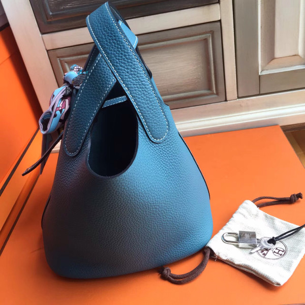Hermes 75 Blue Jean Picotin Lock 18 Togo Leather Bag