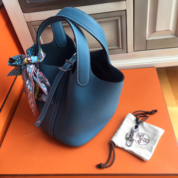 Hermes 75 Blue Jean Picotin Lock 18 Togo Leather Bag