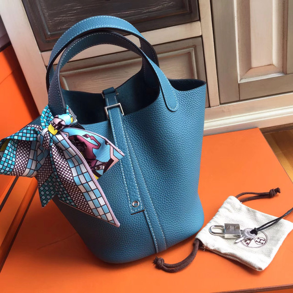Hermes 75 Blue Jean Picotin Lock 18 Togo Leather Bag