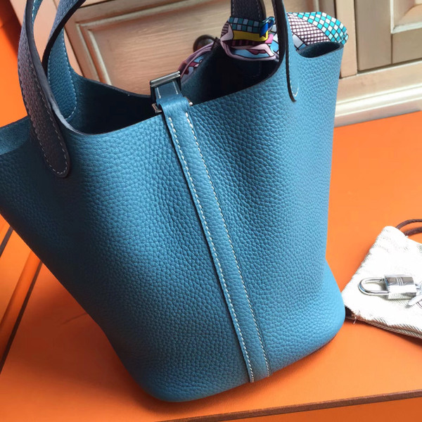 Hermes 75 Blue Jean Picotin Lock 18 Togo Leather Bag