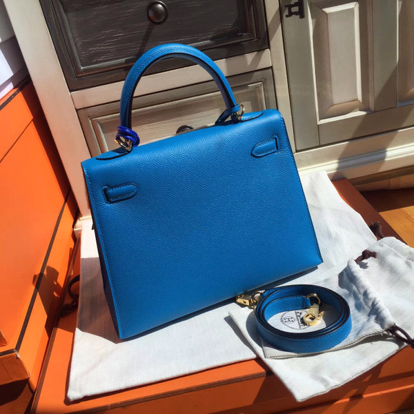 Hermes Blue Jean Kelly 25 cm Epsom Gold Hardware