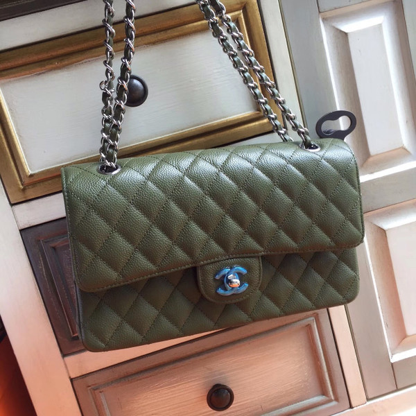 Chanel Khaki GreenCaviar Leather Classic Flap Bag