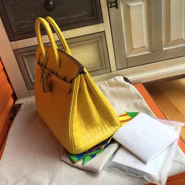Hermes Soleil Yellow Birkin Bag 25cm KK Niloticus Crocodile Leather Palladium Hardware