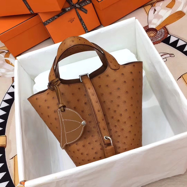 Hermes Tan Picotin Lock 18 Ostrich Leather Bag