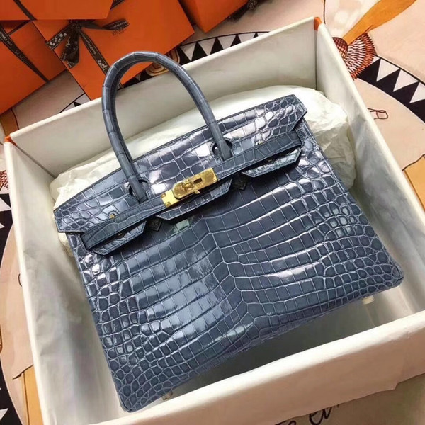 Hermes 75 Blue Jean Birkin 30 in Shiny Niloticus Crocodile with Palladium hardware