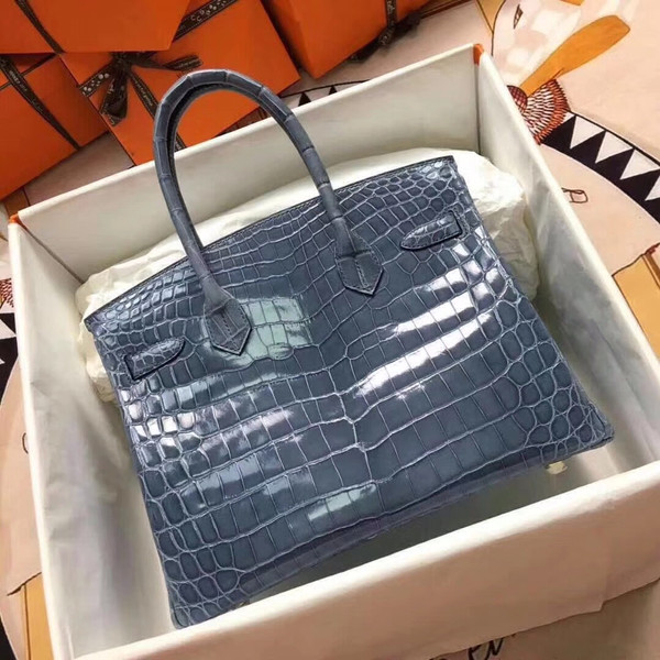 Hermes 75 Blue Jean Birkin 30 in Shiny Niloticus Crocodile with Palladium hardware