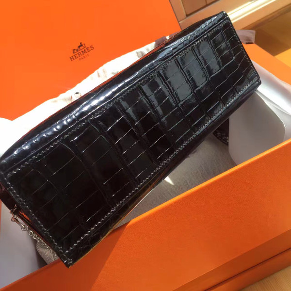 Hermes Black Mini Kelly Pochette Gator Shine with Palladium Hardware