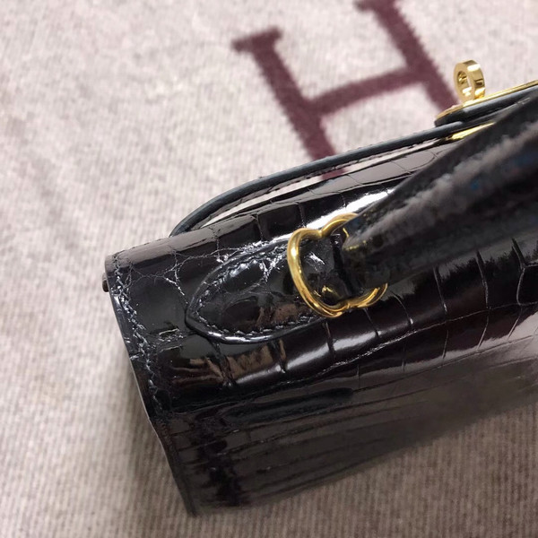 Hermes SHINY BLACK NILOTICUS CROCODILE KELLY 25 WITH GOLD HARDWARE