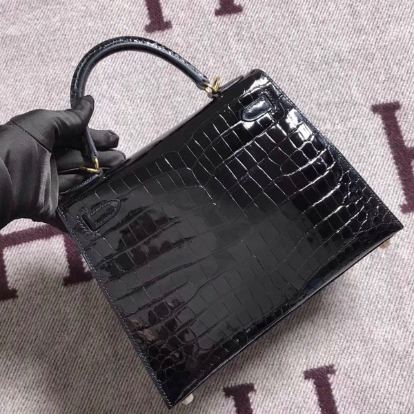Hermes SHINY BLACK NILOTICUS CROCODILE KELLY 25 WITH GOLD HARDWARE