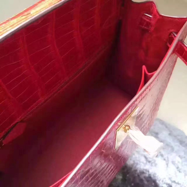 Hermes Red Kelly 32 in Porosus Crocodile with Gold hardware
