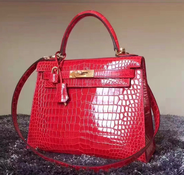 Hermes Red Kelly 32 in Porosus Crocodile with Gold hardware