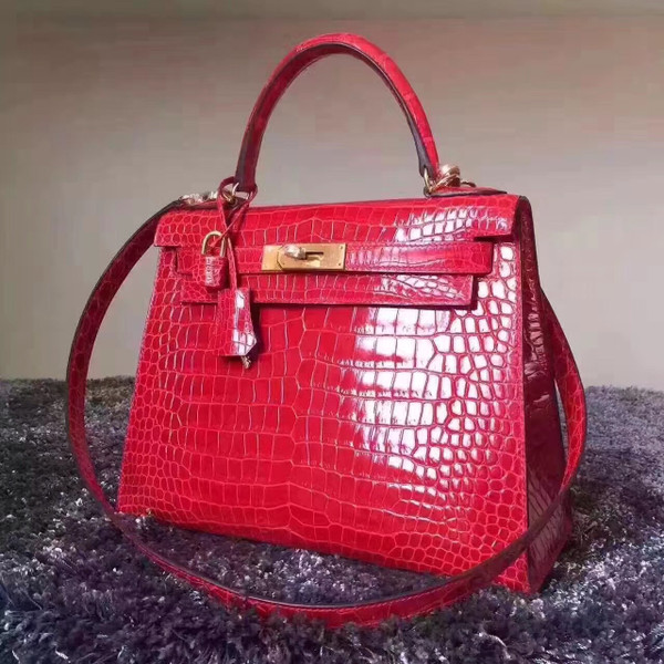 Hermes Red Kelly 32 in Porosus Crocodile with Gold hardware