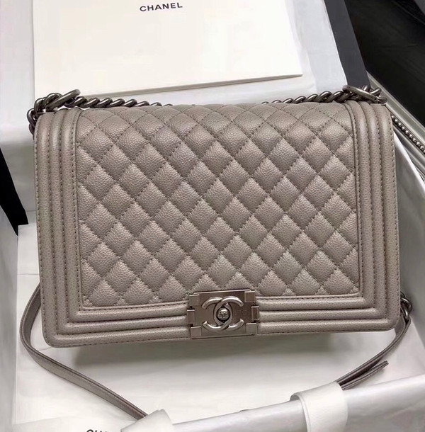 CHANEL Gray Large 28cm Boy Bag with Silver Hardware