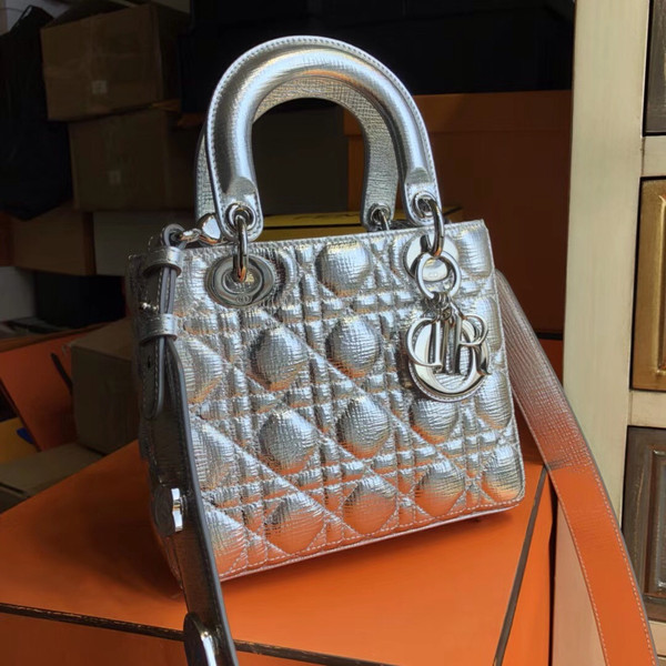 Christian Dior My Lady Dior bag in silver-tone grained leather 'Cannage' topstitching