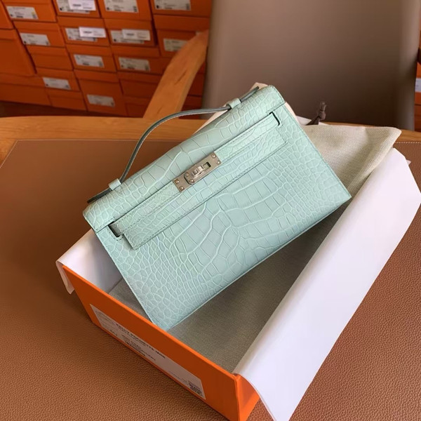 Hermes Mint Mini Kelly Pochette Crocodile Niloticus with Palladium Hardware