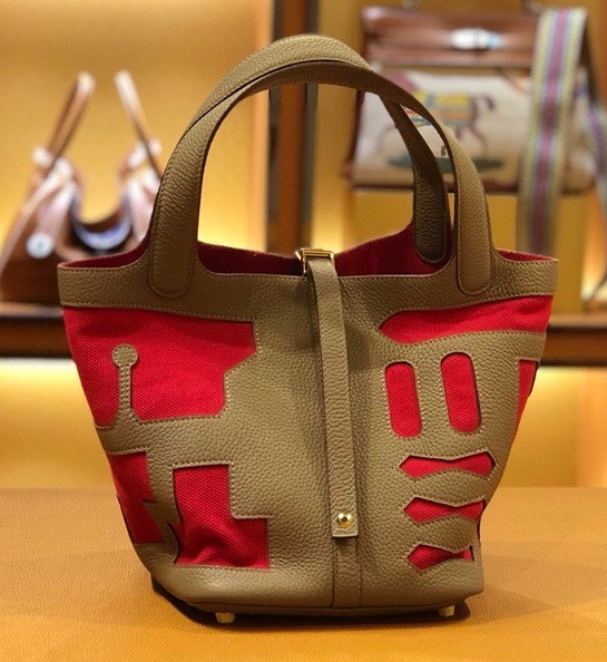Hermes Petit H Limited Edition  81 Gris Tourterelle /54 Rouge Garance Picotin Lock 22 Togo Leather Bag