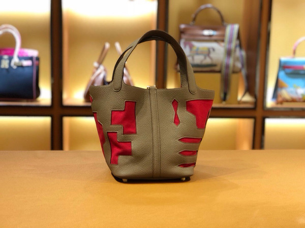 Hermes Petit H Limited Edition  81 Gris Tourterelle /54 Rouge Garance Picotin Lock 22 Togo Leather Bag