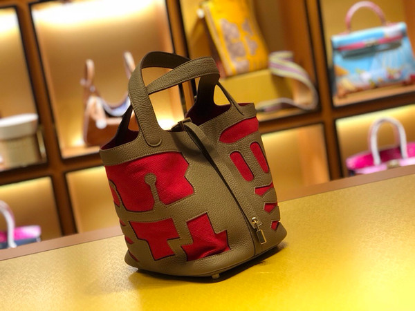 Hermes Petit H Limited Edition  81 Gris Tourterelle /54 Rouge Garance Picotin Lock 22 Togo Leather Bag
