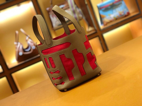 Hermes Petit H Limited Edition  81 Gris Tourterelle /54 Rouge Garance Picotin Lock 22 Togo Leather Bag
