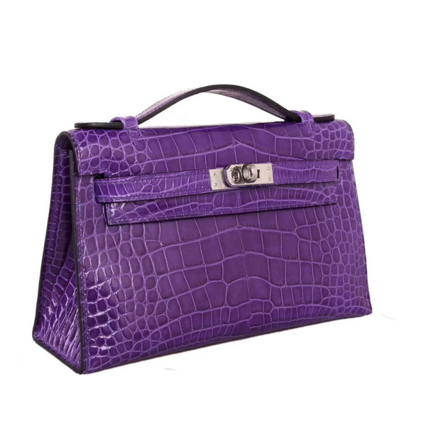Hermes 9W Crocus Mini Kelly Pochette Porosus Crocodile with Palladium Hardware