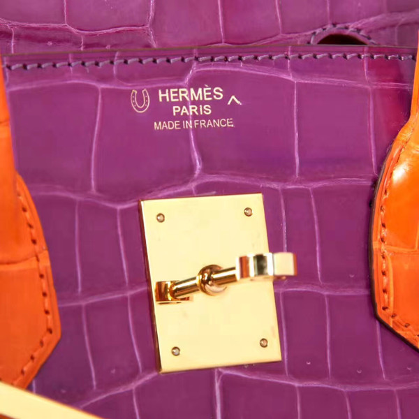 Hermes Special Order Violette/Orange Birkin 25 in Porosus  Crocodile with Gold hardware