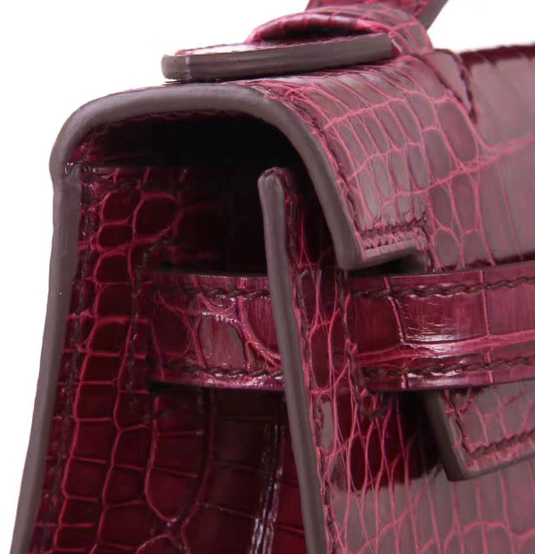Hermes Bordeaux Mini Kelly Pochette Crocodile Niloticus with Gold Hardware