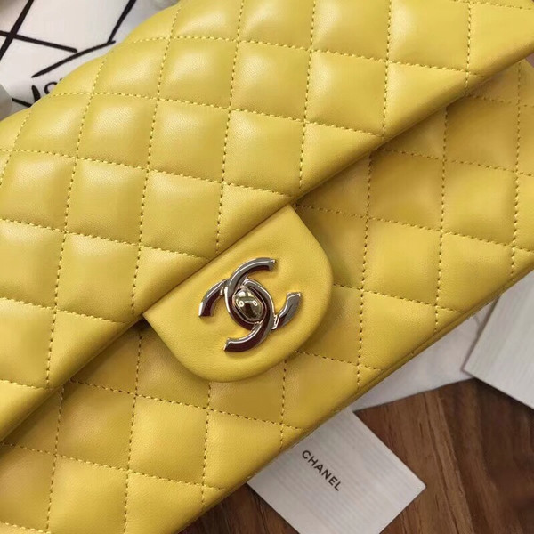 CHANEL Yellow Lambskin Leather Classic Double Flap 2.55 Shoulder Bag Silver HW
