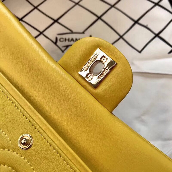 CHANEL Yellow Lambskin Leather Classic Double Flap 2.55 Shoulder Bag Silver HW