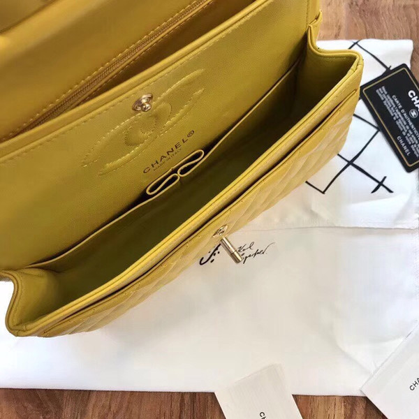 CHANEL Yellow Lambskin Leather Classic Double Flap 2.55 Shoulder Bag Silver HW