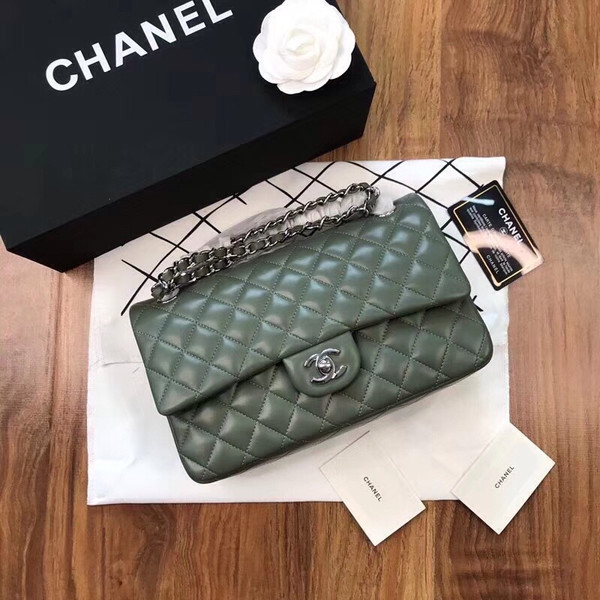 CHANEL Green Lambskin Leather Classic Double Flap 2.55 Shoulder Bag Silver HW