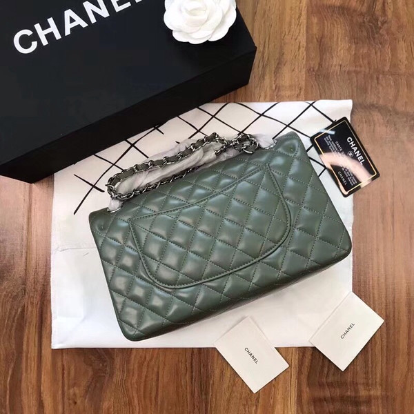 CHANEL Green Lambskin Leather Classic Double Flap 2.55 Shoulder Bag Silver HW