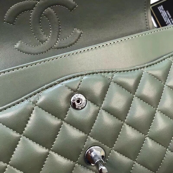 CHANEL Green Lambskin Leather Classic Double Flap 2.55 Shoulder Bag Silver HW