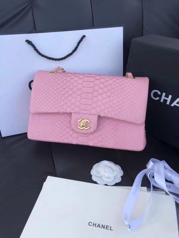 Chanel Classic Handbag with Pink Python & Gold Metal