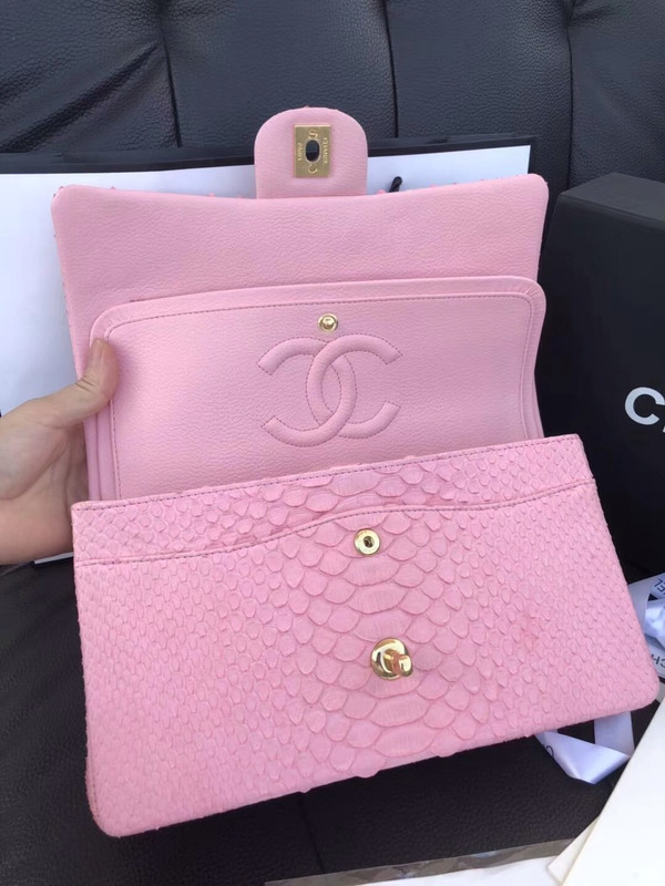 Chanel Classic Handbag with Pink Python & Gold Metal
