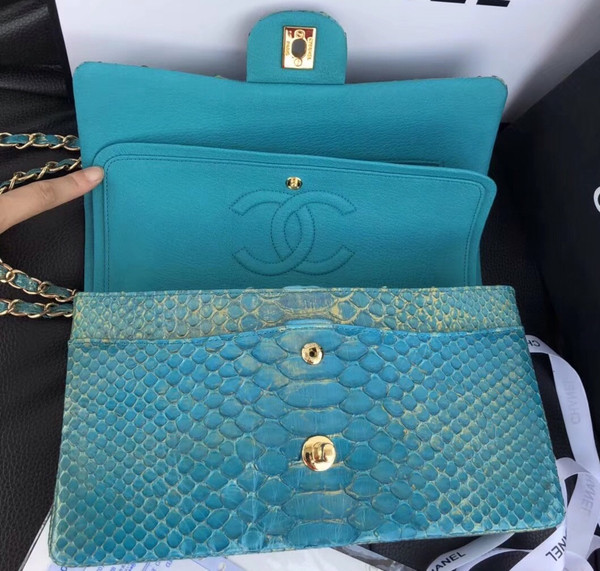 Chanel Classic Handbag with Blue Python & Gold Metal
