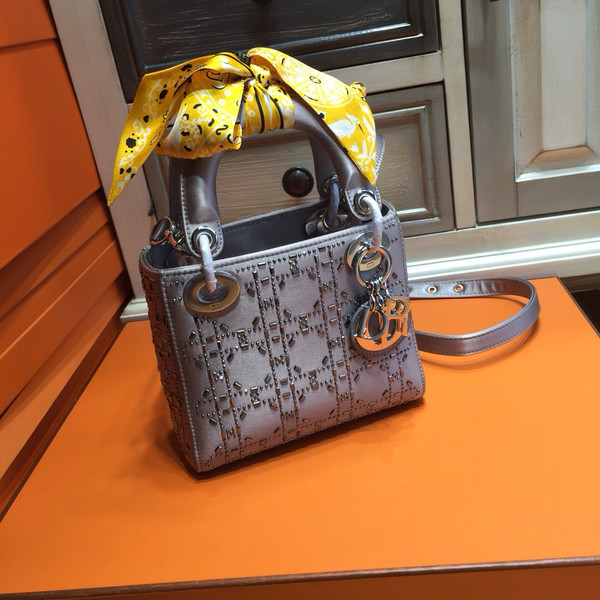 Christian Dior Limited Edition MINI LADY DIOR GREY SATIN BAG WITH SWAROVSKI CANNAGE