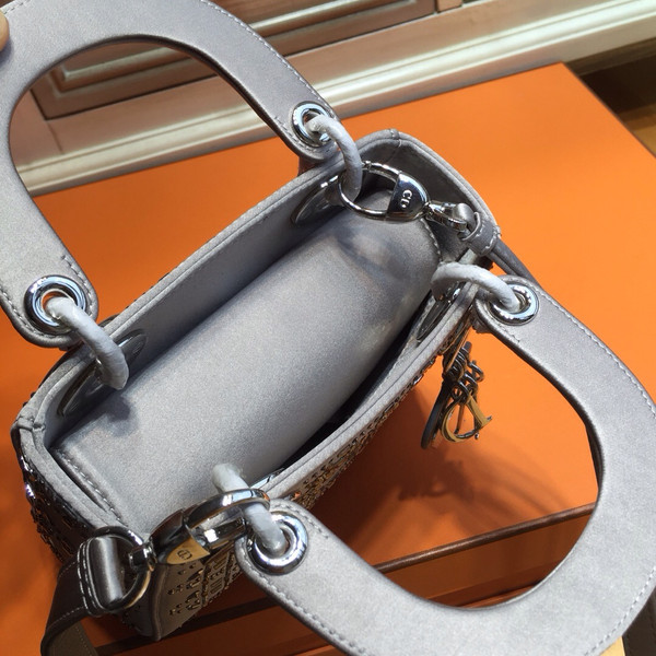 Christian Dior Limited Edition MINI LADY DIOR GREY SATIN BAG WITH SWAROVSKI CANNAGE