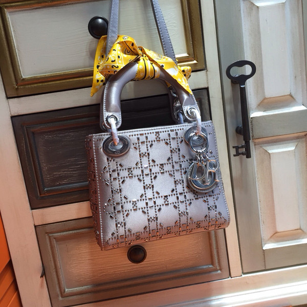 Christian Dior Limited Edition MINI LADY DIOR GREY SATIN BAG WITH SWAROVSKI CANNAGE