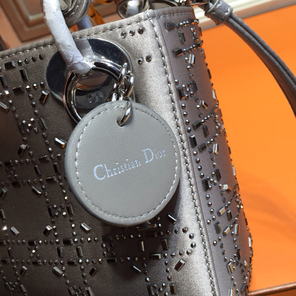 Christian Dior Limited Edition MINI LADY DIOR GREY SATIN BAG WITH SWAROVSKI CANNAGE